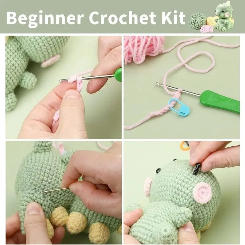 BUDDUR Dinosaur Crochet Knitting Kit With Instruction And Cotton Yarn Thread For Doll Making DIY Handmade Craft Accessories Set