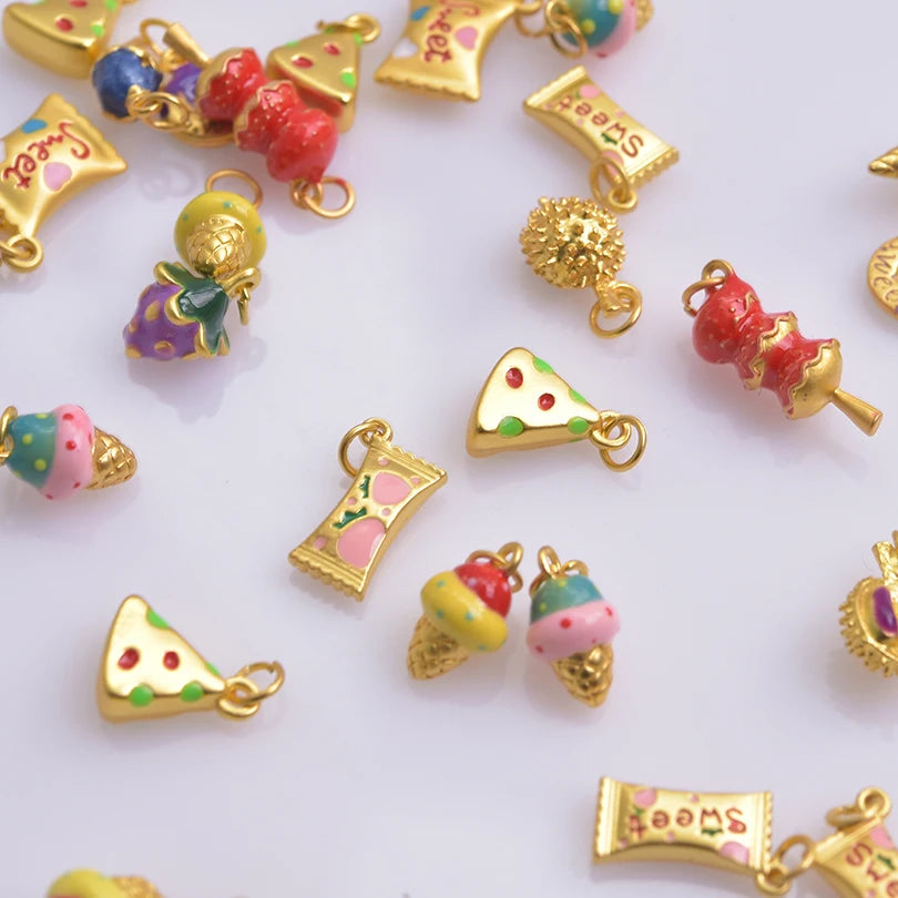 10Pcs/Lot Mix Styles Cute Sweets Candy Birthday Cake Charms Enamel Ice Cream Doughnut Breloques Jewelry Accessories Wholesale