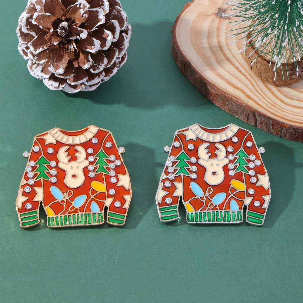 Vintage Ugly Christmas Sweater Brooches Cute Reindeer Crystal Rhinestone Xmas Jumpers Pins for Women Holiday Gift Wholesale