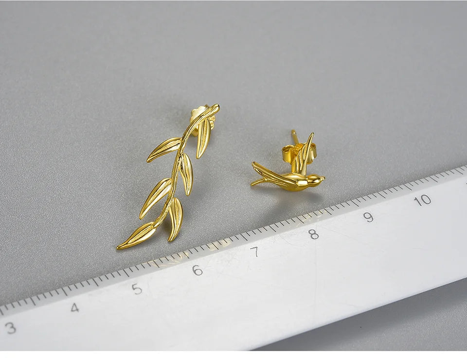 Lotus Fun Luxury 18K Gold Swallow Willow Branch Asymmetrical Unusual Dangle Earrings For Women 925 Sterling Silver Fine Jewelry