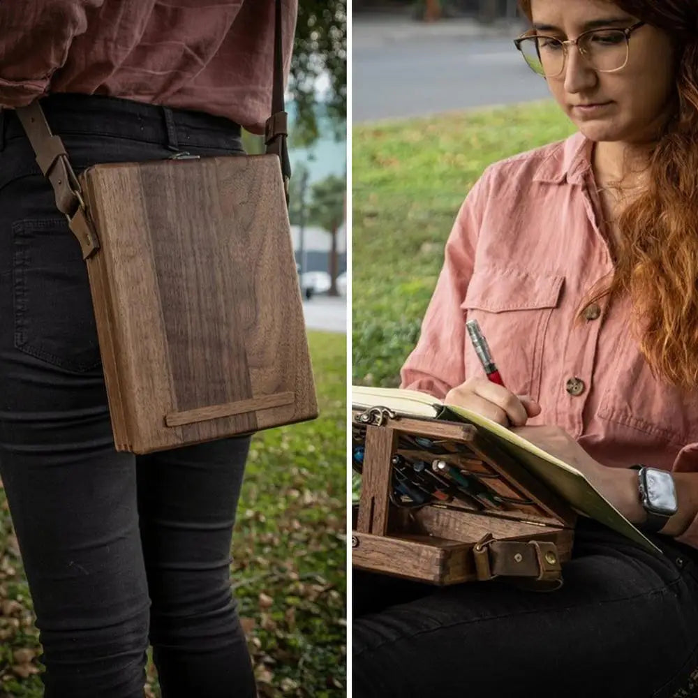 Retro Nostalgic Writers Wood Box Bags Artist Wood Messenger Bags Outdoor Sketch Bags Tool Storage with Lid Souvenir Box Bags