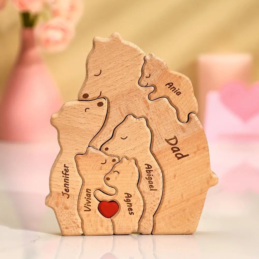 Name Personalized Custom Mother's Birthday Gift Family Names Sculpture Wood Puzzle Bear Family Heart Puzzles Home Decoration Valentines Gift