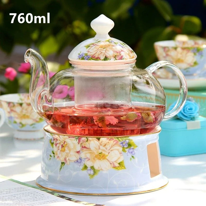 Europe Noble High-grade porcelain Tea Cup and Saucer Spoon English British Teaware Set Glass Teapot Tea Warmer set  Home Drinks