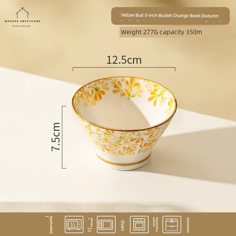 Modern Housewife Japanese Style All Year Round Flowers Ceramic Bowl For Home Rain-Hat Shaped Bowl Especially Beautiful Rice Bowl for Personal Use