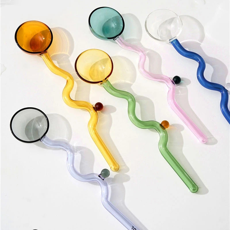 Creative Glass Milk Spoons Colored Transparent Coffee Dessert Stirring Long Handle Spoon Round Kitchen Tableware Stirrer Rod