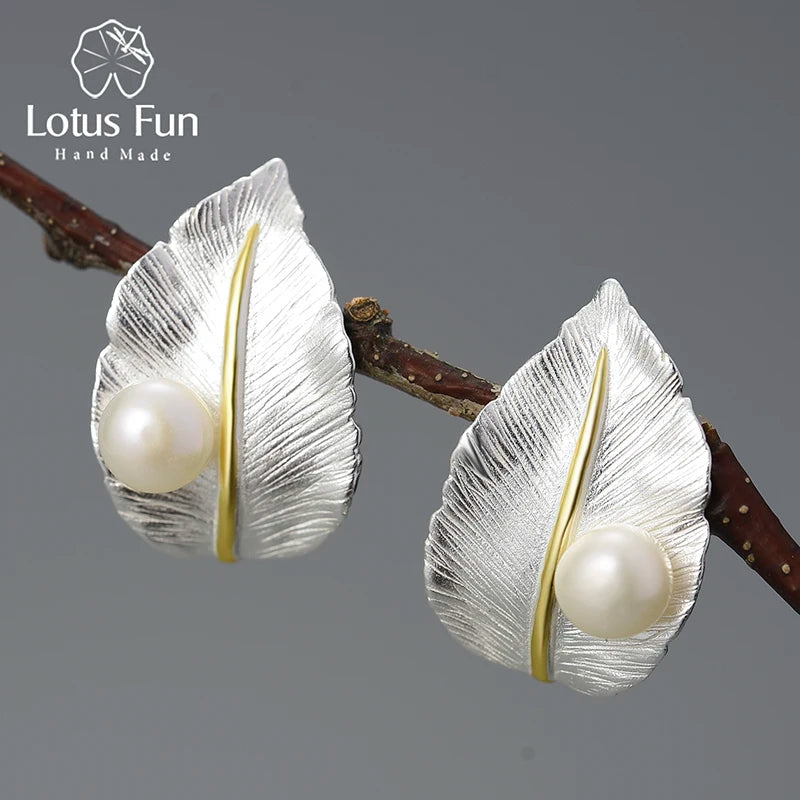 Lotus Fun 18K Gold Natural Pearl Unusual New Leaf  Stud Earrings for Women Original Real 925 Sterling Silver Luxury Fine Jewelry