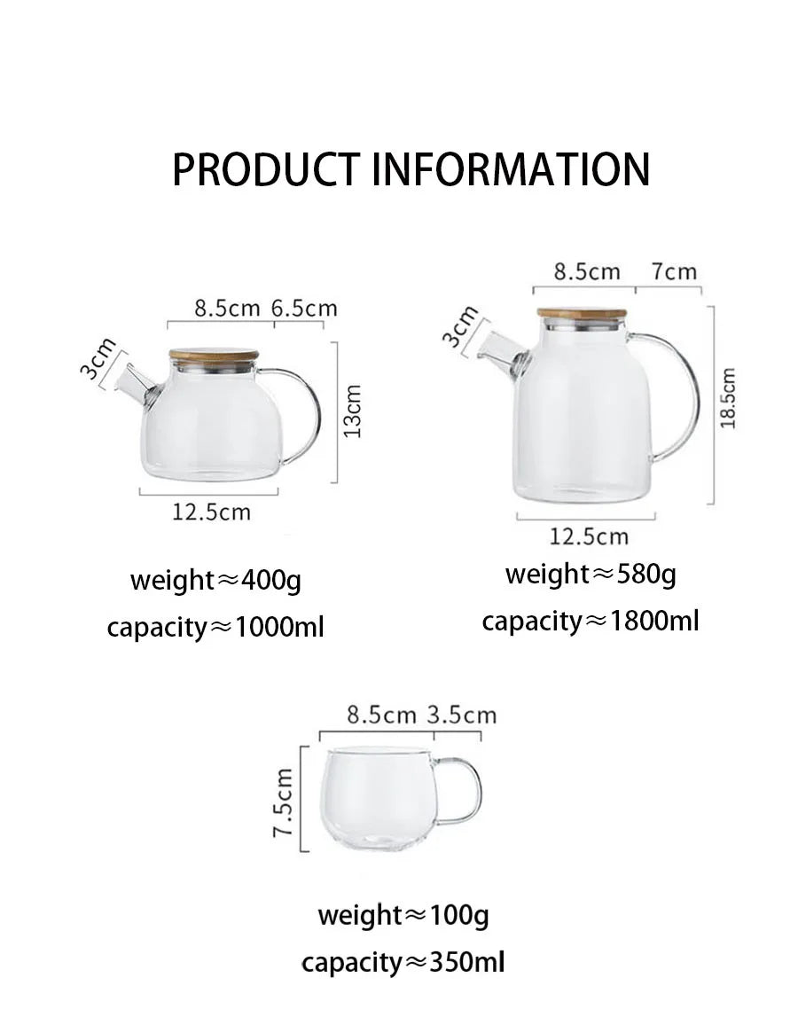 YWDL 1L/1.8L Borosilicate Glass Teapot Set Clear Teapots With Cup Removable Filter Spout Drinkware For Loose Leaf Blooming Tea