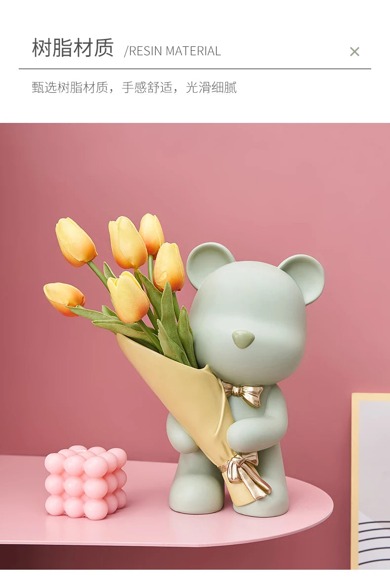 Bear Figurine Resin Flower Vase Modern Home Decor Vases Living Room Decoration Office Desk Accessories Wedding Decoration Gifts