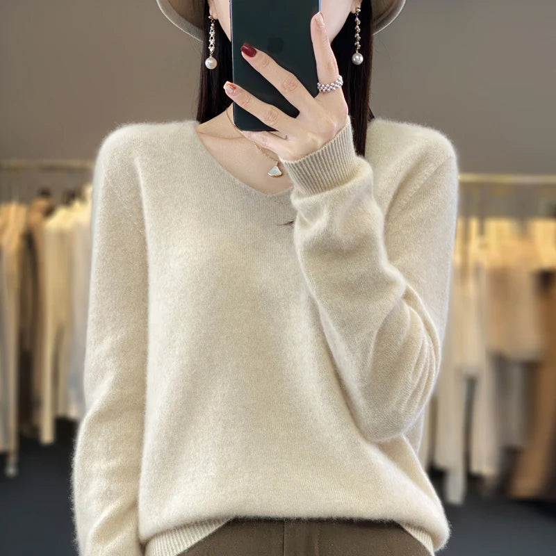 100% pure wool cashmere sweater women's V-neck pullover casual knit top autumn and winter women's coat Korean fashion