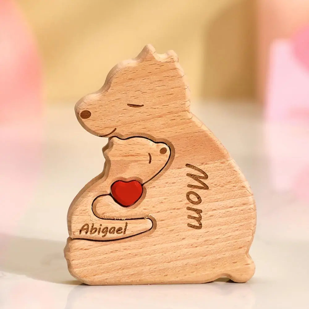 Name Personalized Custom Mother's Birthday Gift Family Names Sculpture Wood Puzzle Bear Family Heart Puzzles Home Decoration Valentines Gift