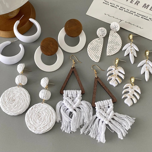 AENSOA Handmade White Rattan Knit Braided Tassel Earrings for Women Geometric Wooden Polymer Clay Leaf Drop Earrings Jewelry