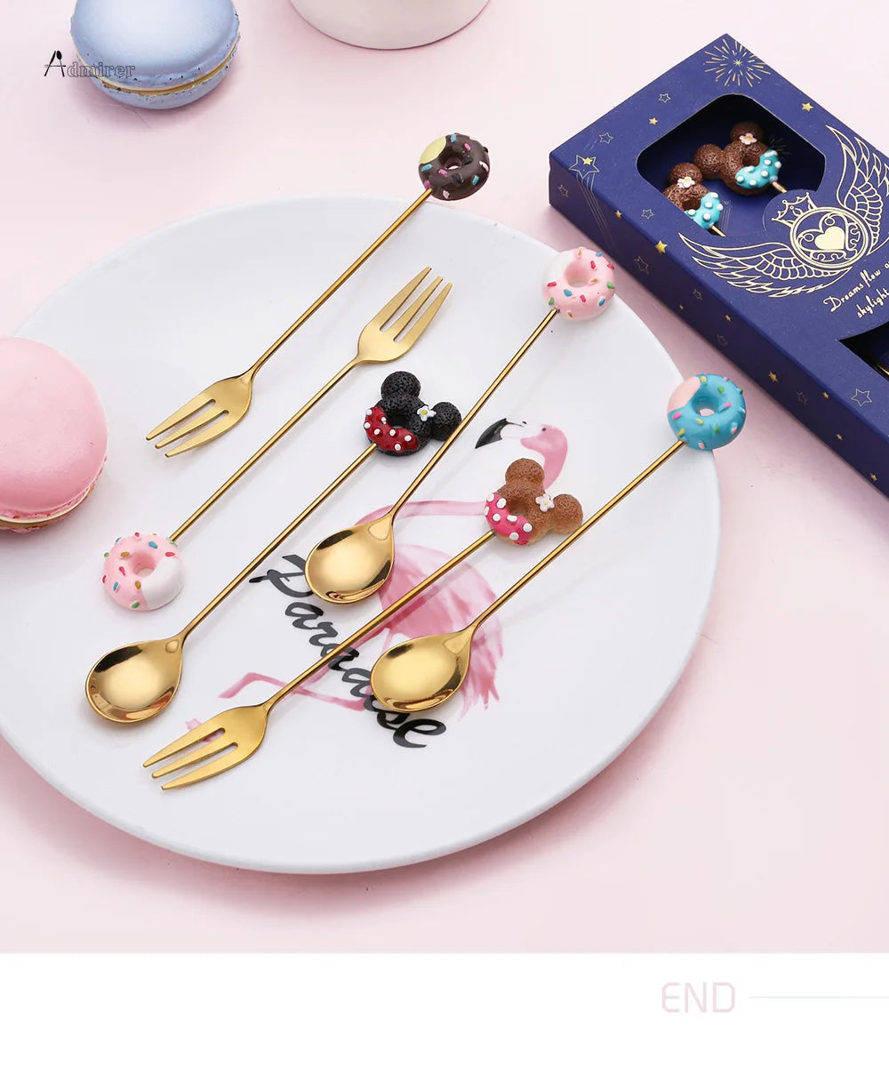 Stainless Steel Spoon Fork Cute Version Rainbow Lollipop Donut Macaron Dessert Spoons Fruit Forks Kids Set Kitchen Accessories