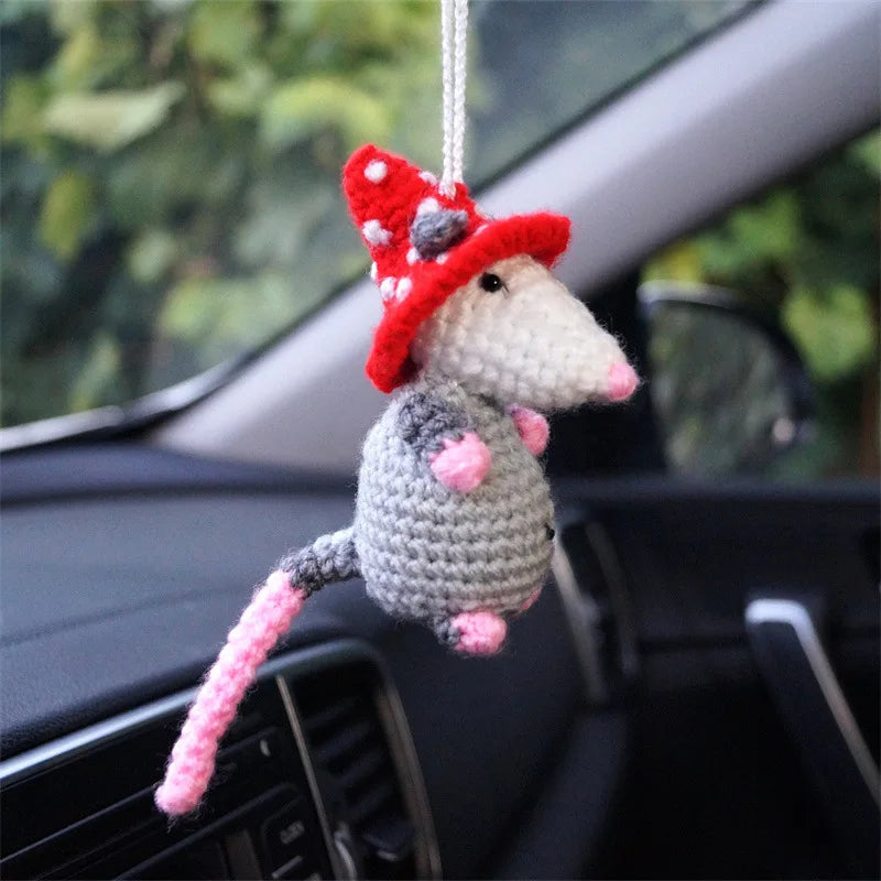 1PCS Cute Little Mouse Handmade Weaving Car Pendant with Crochet Hooks That Can Be Hung on Cars, Negative Mouse Car Pendant