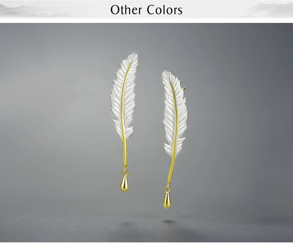 Lotus Fun 18K Gold Luxury Vintage Genuine 925 Sterling Silver Unusual Feather Earrings for Women Original Jewelry 2021 trend New