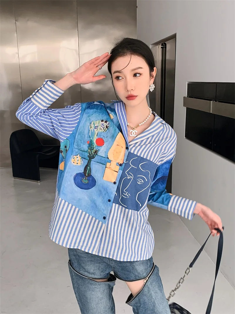 Women's Clothing Shirts Polo Collar Stripe Printing Asymmetrical Long Sleeves Casual Vintage Fashion Baggy Blouse Tops Ladies