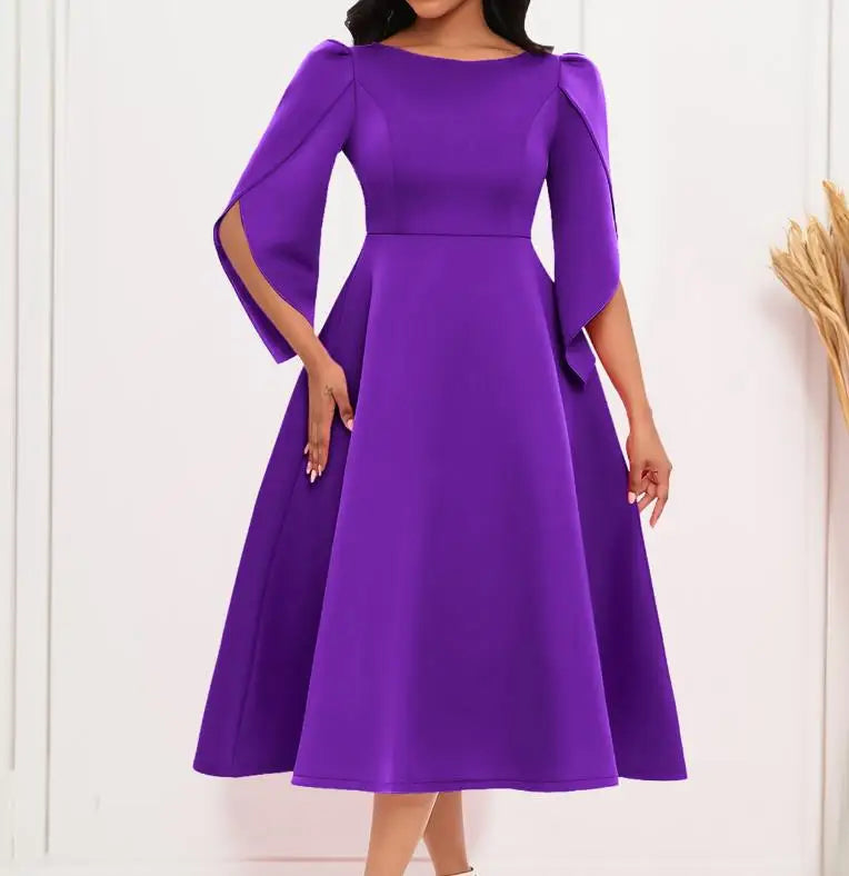 Women's Dress Elegant Party Dresses Summer Solid Color Round Neck Silm Evening Dress Female Large Swing Medium Length Dress