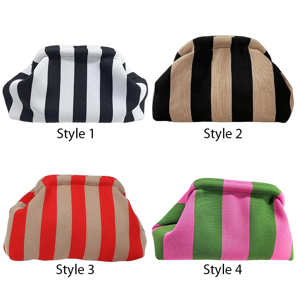 Women Knit Stripe Purse Contrast Color Small Crochet Handbag Knitting Dumpling Clutch Summer Beach Bag