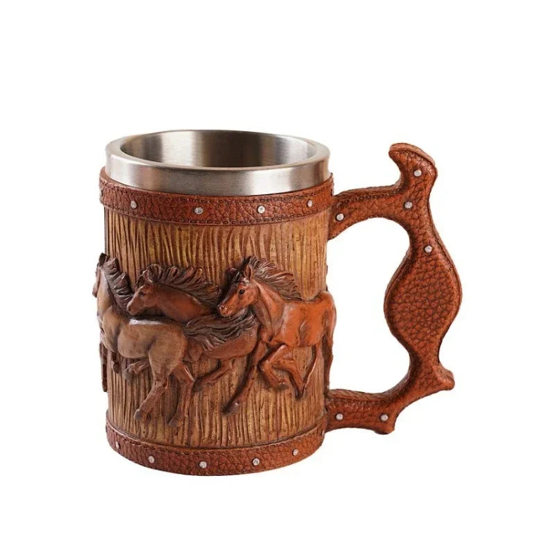 3D Handmade Beer Mug Wood Stainless Steel Cup Running Horses Simulation Wooden Barrel Double Wall Vintage Bar Accessories