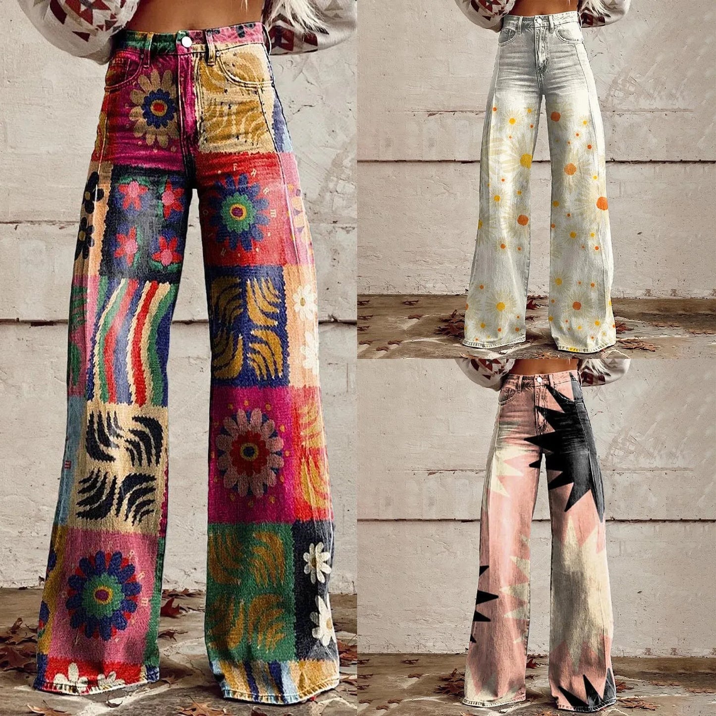 Loose Fit Comfort Vintage Wide Leg Jeans Fashion High Waisted Casual Denim Pants 90s Floral Printed Baggy Trousers Women