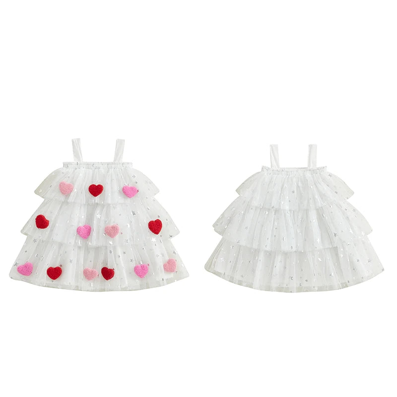 Kids Girl Fashion Valentine Day Dress Star Print Square Neck Sleeveless Layered Tulle Dress with 3D Heart for 1-9 Years Valentines Gift