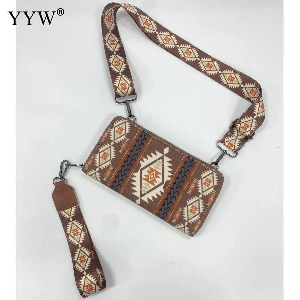 Fashion Bohemian Cowgirl Wallet Purse for Women Western Aztec Ethnic Clutch Wristlet Wallet with Credit Card Holder Shoulder Bag