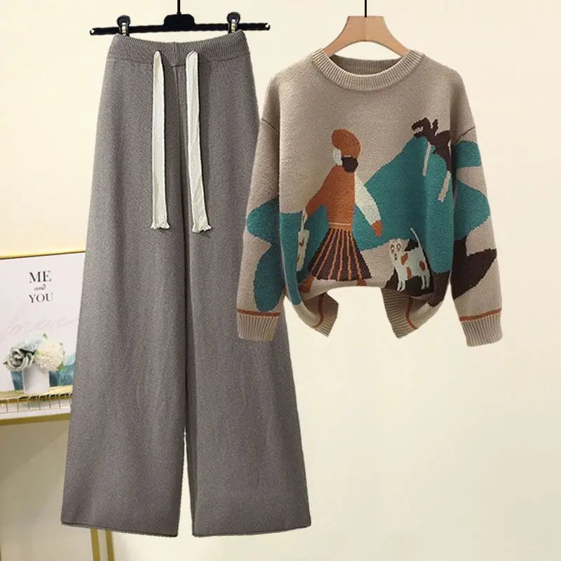 Autumn and Winter Set Women's New Western Style Knitted Sweater Women's Loose and Slimming Casual Pants Two Piece Set Fashion