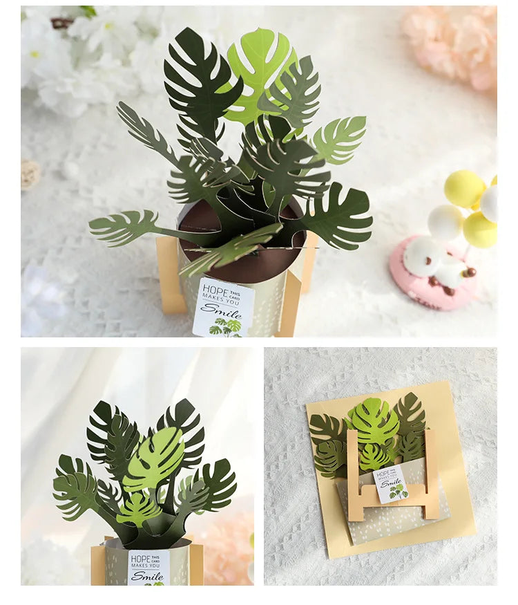 3D Monstera Potted Plant Pop-up Greeting Card with Envelope Flowers Postcard Birthday Cards Valentines Gifts Creative Home Decor