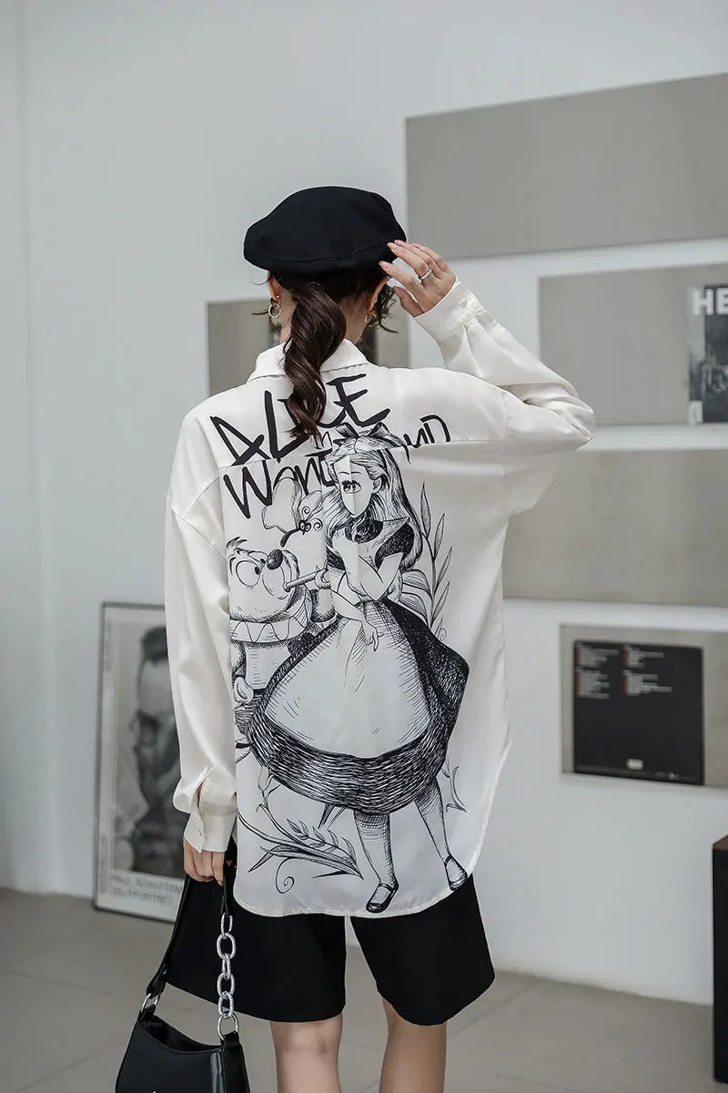 Casual Long Sleeve Cartoon Print Shirt Elegant Chiffon Blouse Women Vintage Harajuku Loose Tops Korean Chic Women Clothing Tunic