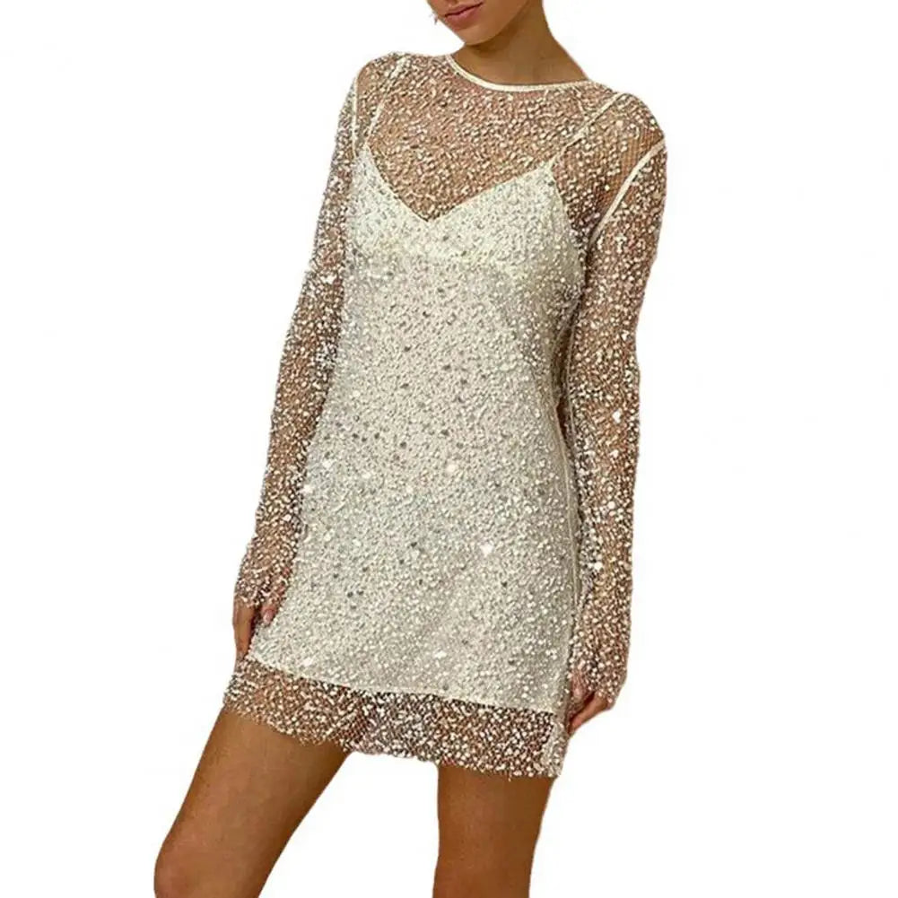 V-neck Suspender Dress Sparkling Sequin Mesh Dress Set with Long Sleeves O Neck V Neck for Parties Clubs Special Events Women