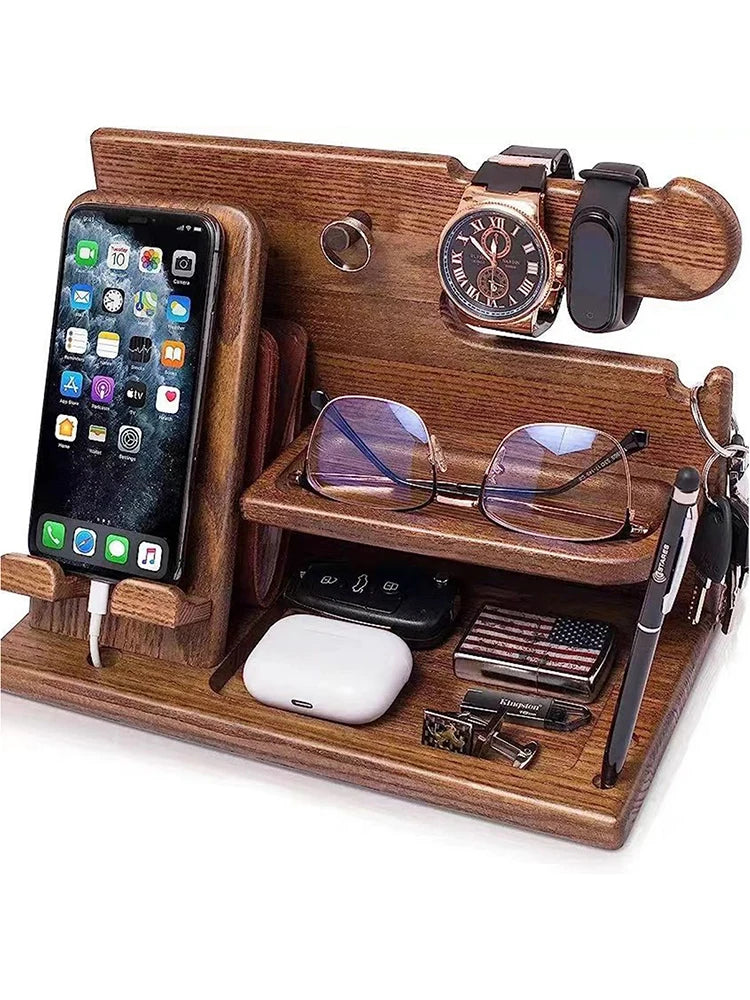 Solid Wood Phone Stand Desktop Creative Storage Rack Multifunctional Hanging Watch Glasses Key Accessories -1pcs