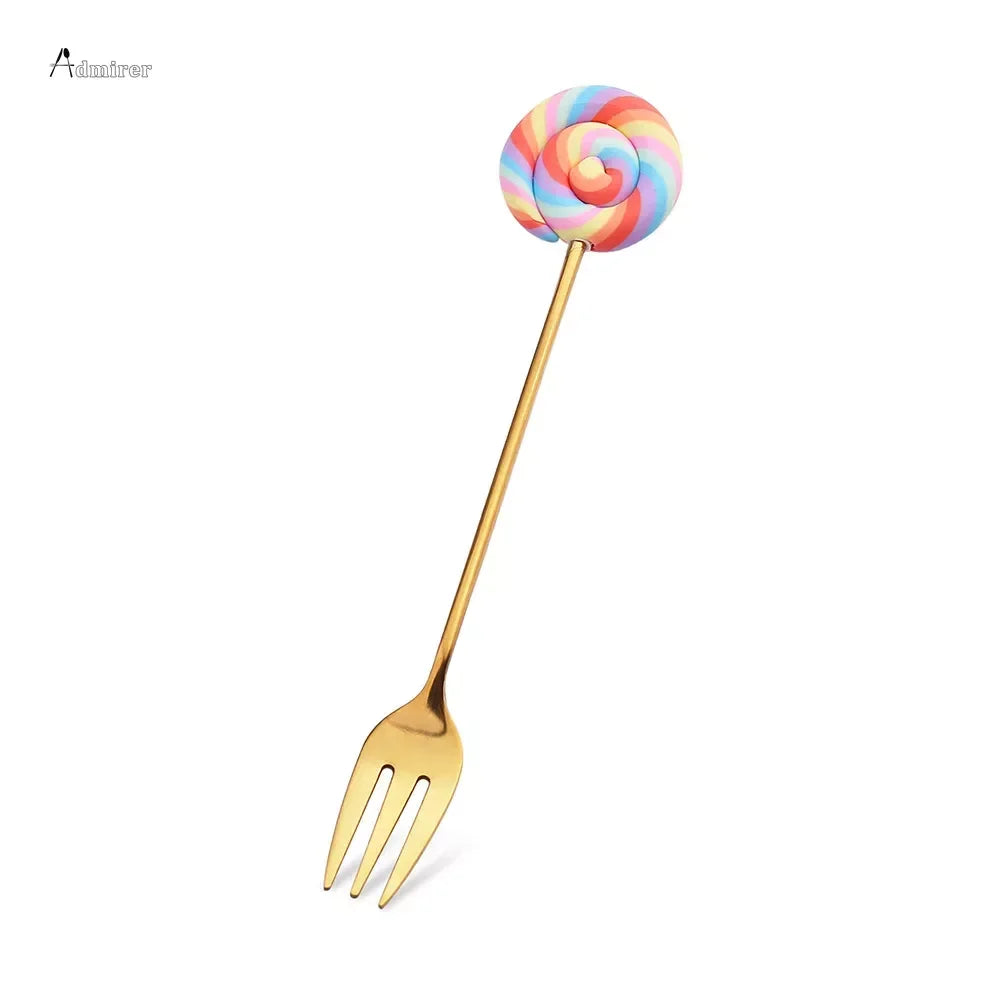 Stainless Steel Spoon Fork Cute Version Rainbow Lollipop Donut Macaron Dessert Spoons Fruit Forks Kids Set Kitchen Accessories