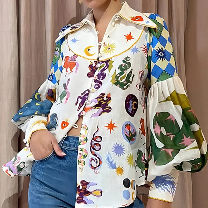 2024 Summer Women's New Temperament Commuter Print Lapel Single Breasted Lantern Sleeve Shirt For Women