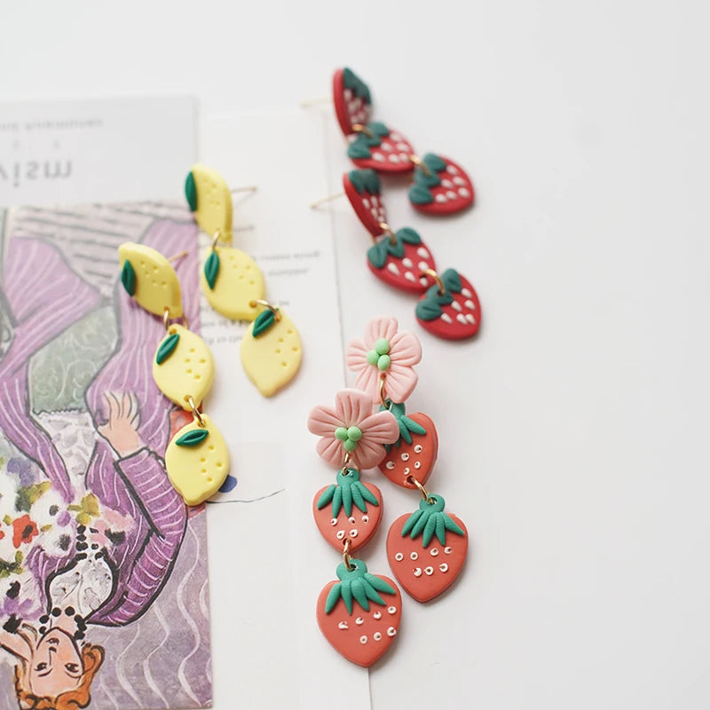 Handmade Multi Colors Pop Cute Long Small Size Light Weighted Fruit Heart Pattern Polymer Clay Earrings Sets Stud For Summer