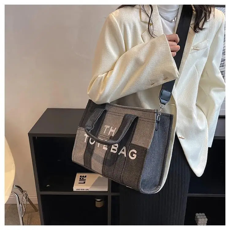 High-capacity Letter Print Underarm Bag Women Y2k New Trendy Fashion Shoulder Handbags Contrast Color Patchwork Denim Tote Bags