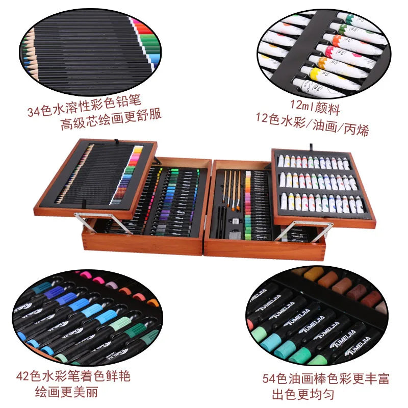 Acrylic Painting Pencil Oil Pastel Kids Drawing Art Sets in Wooden Box