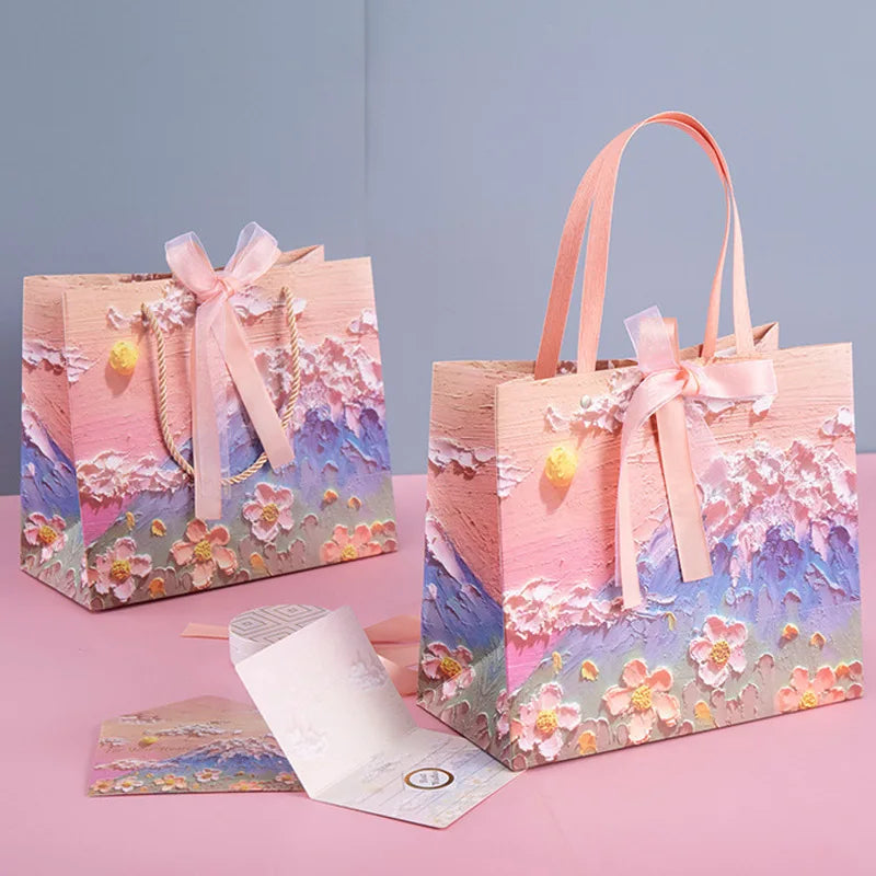 Flower Gift Packaging Bag 3D Cloud Oil Painting Paper Bag Valentine'S Day Birthday Wedding Party Favor Bag Clothes Store Handbag