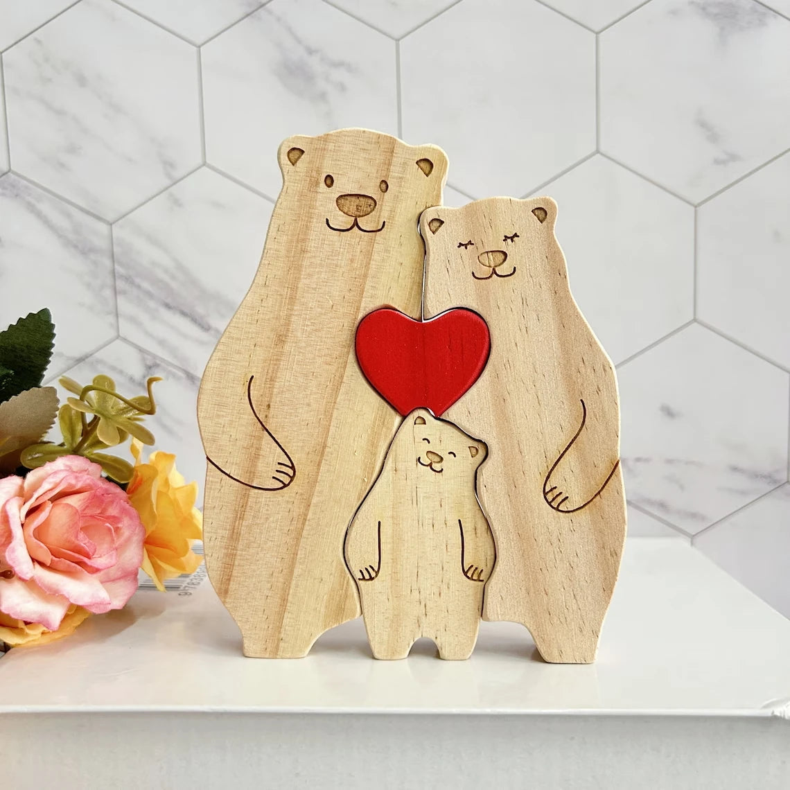 2024 Family Wooden Lovely Bears Puzzle Personalized Family Names Hug Bears Ornaments Christmas Gift Wooden Figurines Home Decor Valentines