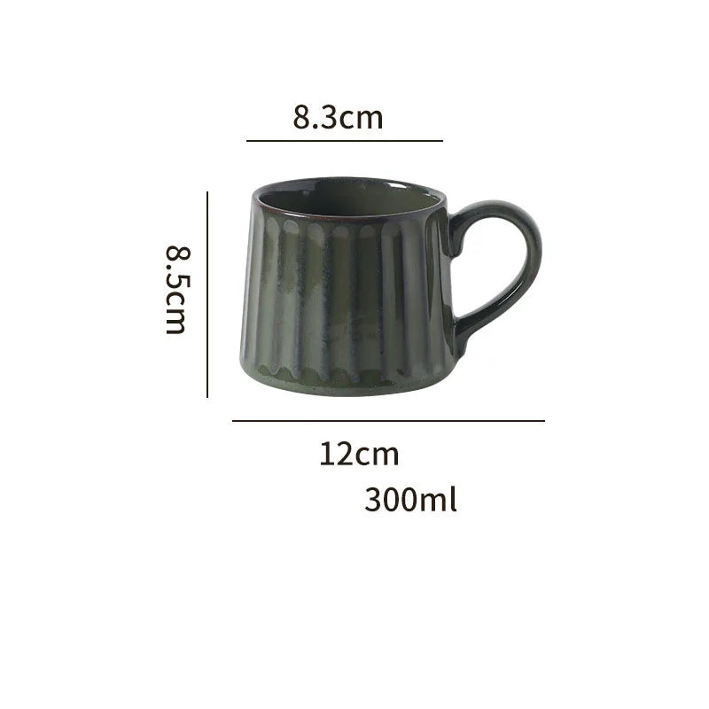 300ML Japanese Retro Rough Pottery Mug Unique Ceramic Office Coffee Cup Dish Set Home Creative Vertical Pattern Brewing Tea Cup