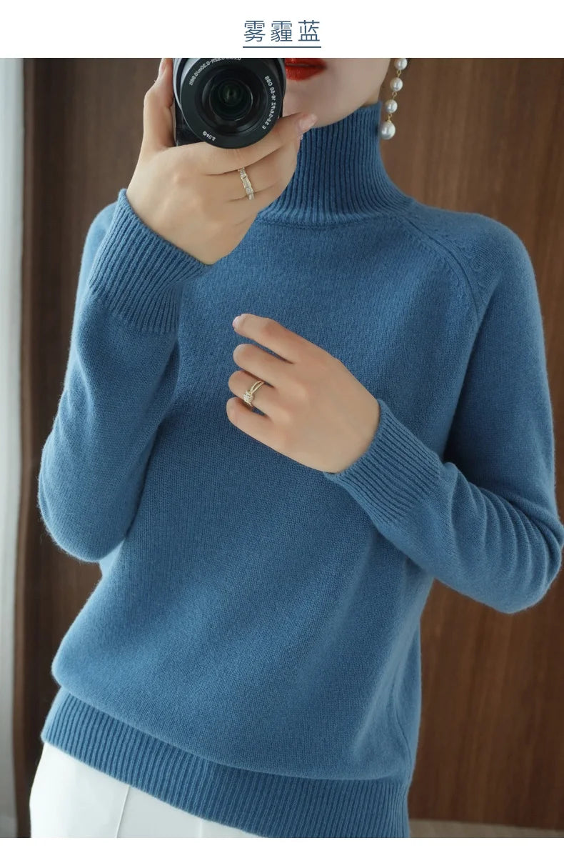 Fashion Basic Autumn Winter  Merino Wool Sweater Mock Neck Cashmere Pullover  Solid Color Soft Long Sleeve Clothing Tops