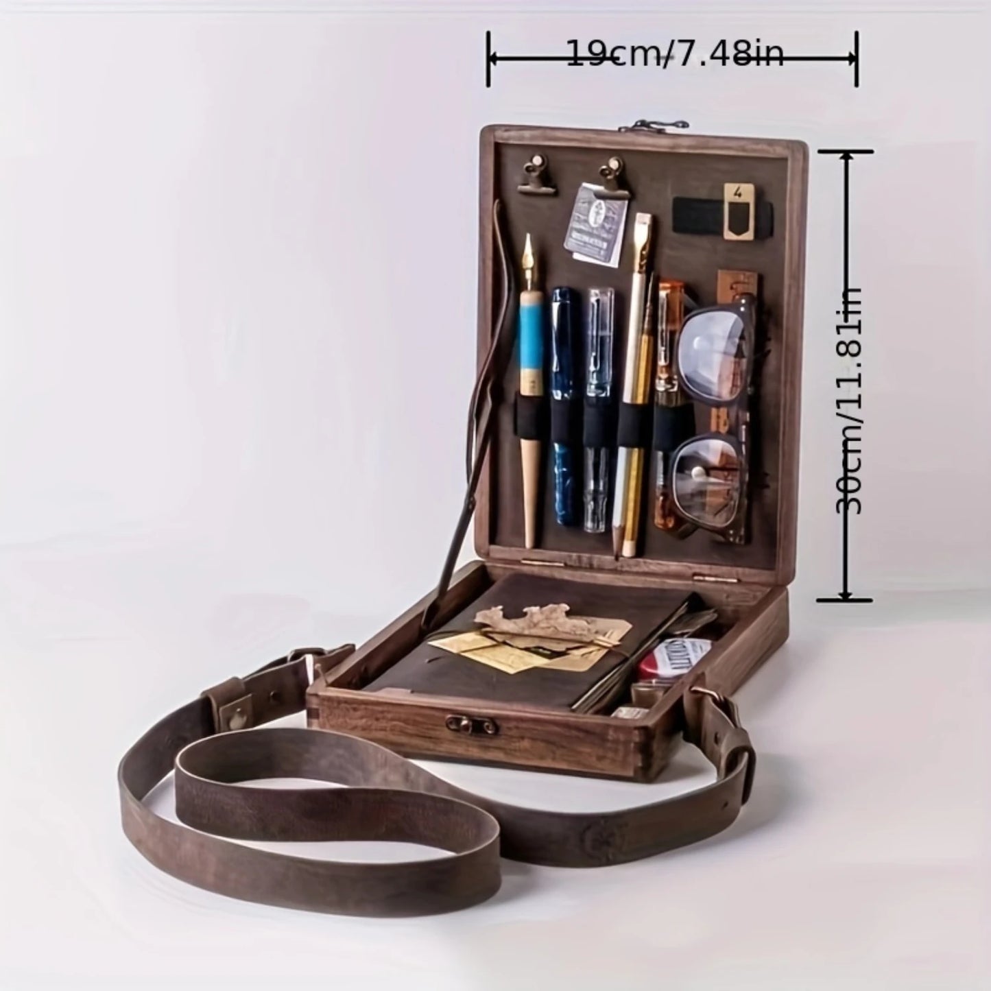 1pc Retro Sketch / Paint Wooden Writer's Box, Wright Mason Jaywood Organizer Briefcase With PU Leather Strap, Portable Desk Writing Kit, Stationery