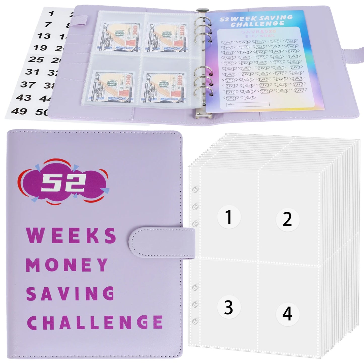 52 Week Money Saving Challenge Binder Reusable PU Budget Binder Book with Cash Envelopes and Stickers Money Saving Binder