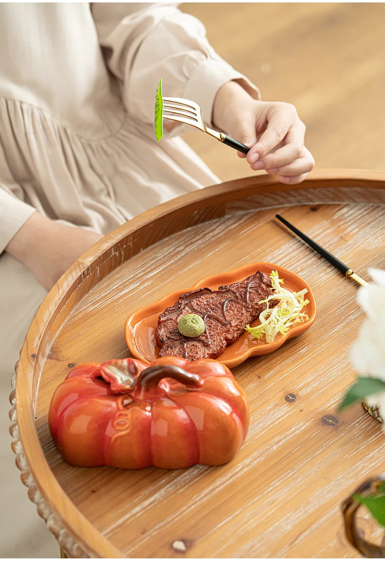 Cute and Novel Pumpkin with Lid Ceramic Dining Plate Snack Plate Kitchen Utensils Restaurant Utensils New Year's Festival Gifts