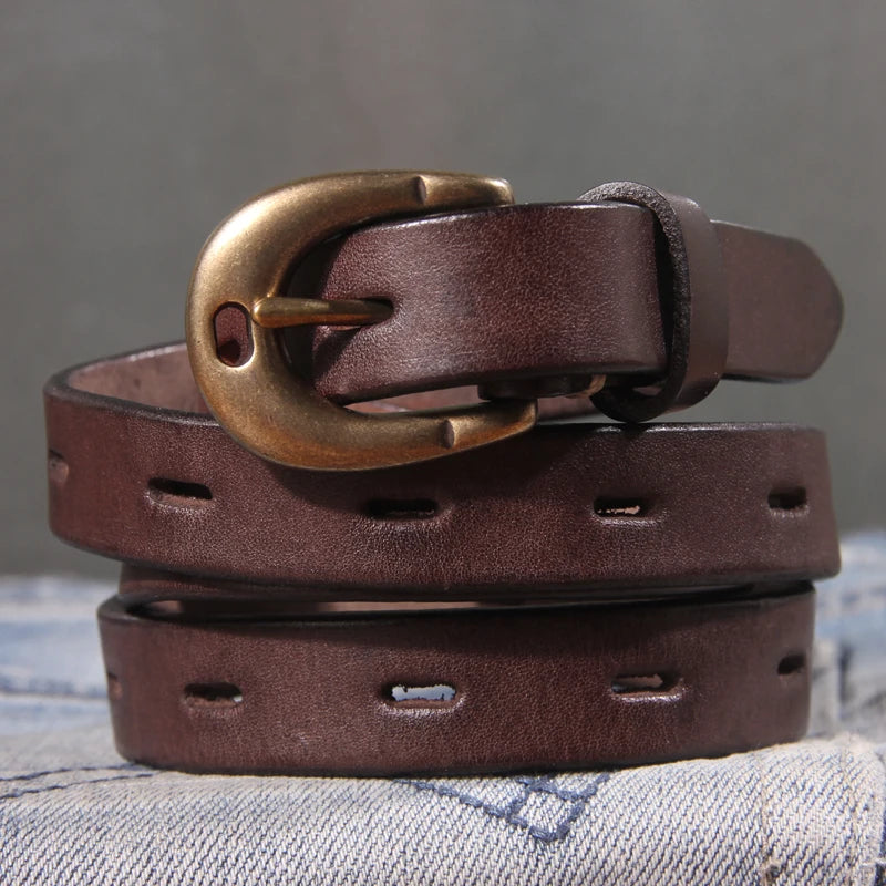 Retro Genuine Leather Women's Belt Pure Copper Button Western Cowboy Style Luxury Brands Jeans Belt Fashion Luxury Women Belt