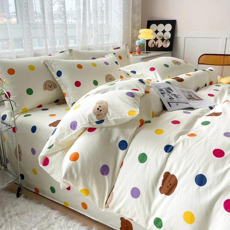 Colorful Polka Dot Cotton Duvet Cover Set with Zipper Cute Bear Bedding Sets for Men & Women, Luxury Reversible Comforter Covers