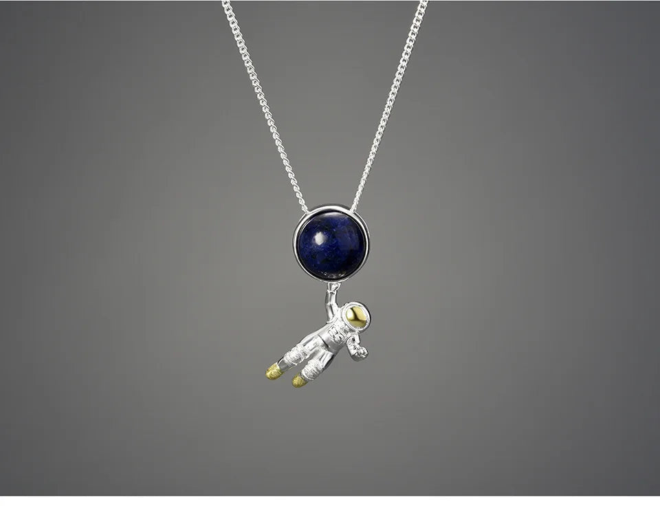 Lotus Fun Natural Lapis Lazuli Stone Space Odyssey Pendant Real 925 Sterling Silver Chains and Necklaces for Women Men's Jewelry