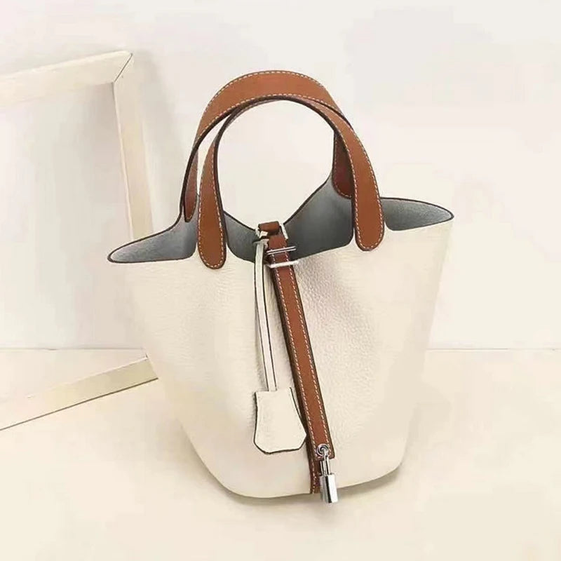 Various Genuine Leather Luxury Bag Fashion Women's Handbag Vegetable Basket Style Portable Women Bucket Bag with Lock