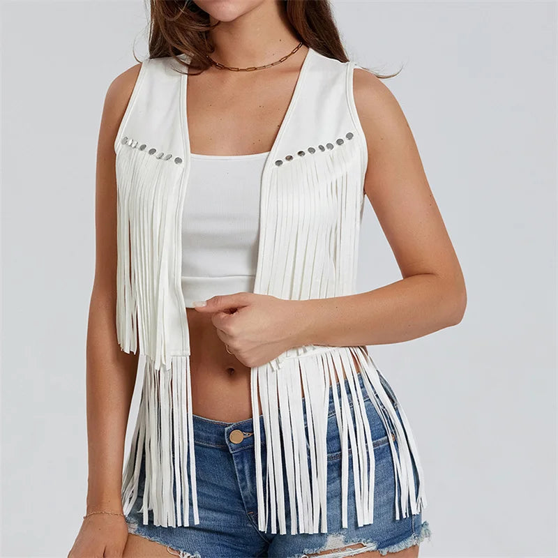 Women Fringe Vest Faux Suede Open Front Vintage Vest Sleeveless Hippie Clothes Boho Western Cowboy Style Short Jacket