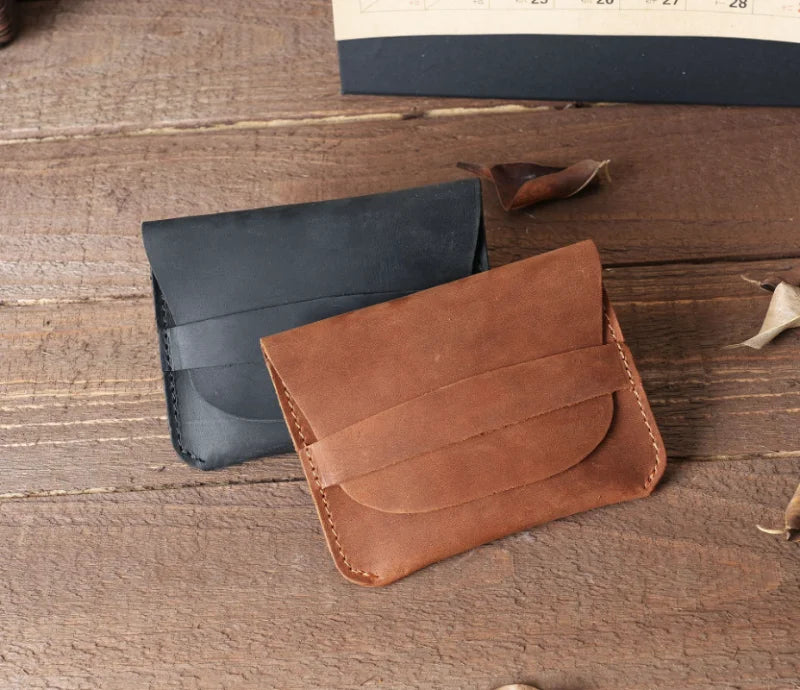 Simple Genuine Leather Card Holder Creative Retro Casual Mini Purse Wallet Crazy Horse Leather Small Business Cards Storage Case