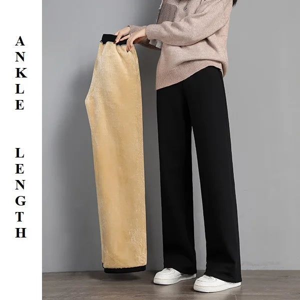 Women Warm Winter Plush Thick Pants Lambskin Cashmere Trousers High Waist Cotton Fleece Loose Female Wide Leg Pants PELEDRESS