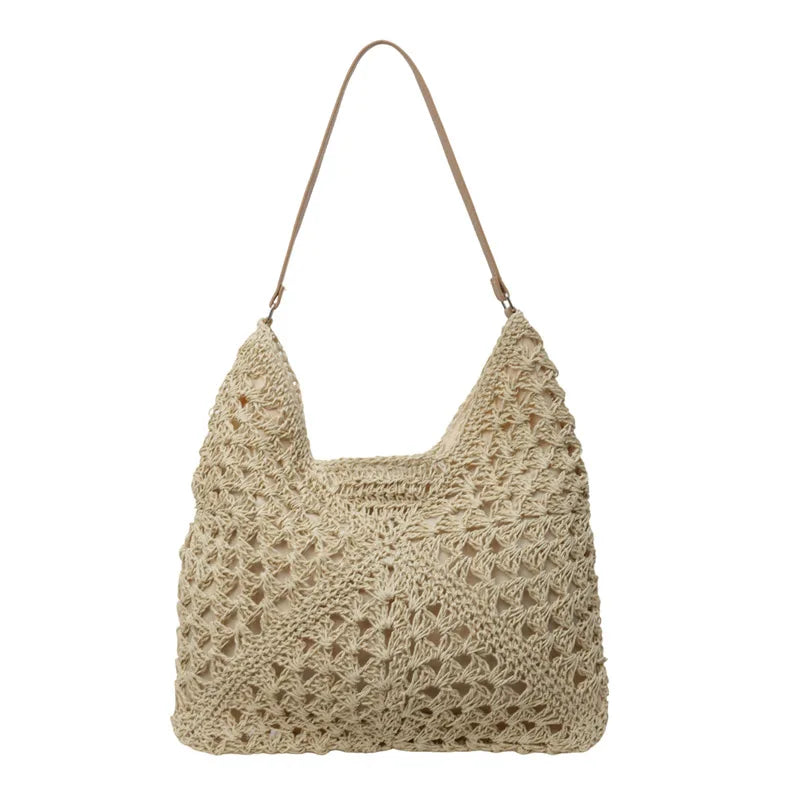 Women Straw Tote Bag Large Capacity Vintage Vacation Shoulder Bag Everything Casual Handbag Designer Hollow Summer Beach Bag